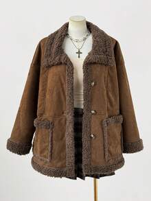 Sweetra Plus Size New Elegant Deer Velvet Thermal Lined Reversible Long Sleeve Short Jacket For Women, Thickened Double-Sided Wear Coat, Winter Fall Autumn