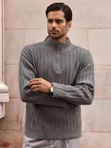 Manfinity VCAY Men's Grey Quarter Zip Sweater,Loose Fit High Neck Ribbed Knit Pullover For Autumn,Smart Casual Date Night Cashmere Soft Solid Color Men's Knitwear - Dark Grey - View 4