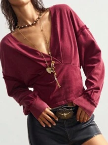 Bohemela Autumn/Winter BOHO Casual Solid Color V-Neck Long Sleeve Cropped Women Sweatshirt