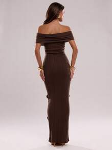 SHEIN BAE Sexy Women's Solid Color Off-Shoulder Semi-Sheer Dress - Coffee Brown - View 2