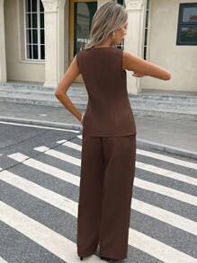 Serisse 2件套女士纯色前扣无袖上衣和长裤休闲装 - 棕色 - 查看 2