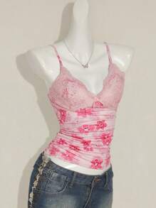 Sweetina Women's Y2K Summer Women Going Out Elegant Floral Print Contrast Easter Top, Everyday Wear Lace Camisole - Pink - View 7