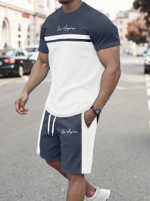 Manfinity Homme Men's Contrast Color Letter Print T-Shirt & Shorts 2 Piece Set  Los Angeles Two Piece Set - Multicolor - View 2