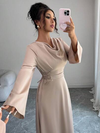 Elenzga Vestido largo de satén rosa loto con cuello en pico, cintura anudada y mangas abullonadas para mujer. Elegante atuendo de maestra, regalo de cumpleaños, cita, fiesta, Acción de Gracias, Halloween, nueva llegada de otoño, con un toque de lujo