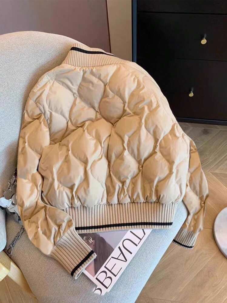 Franclia European And American Fashion Contrast Color Woolen Striped Stitching Knitted Gourd Check Cotton Coat Autumn And Winter Clothes For Women Pockets Women's Winter Clothes For Going Out Women's Winter Jacket Women's Halloween Costume New Year Costume - Khaki - View 2