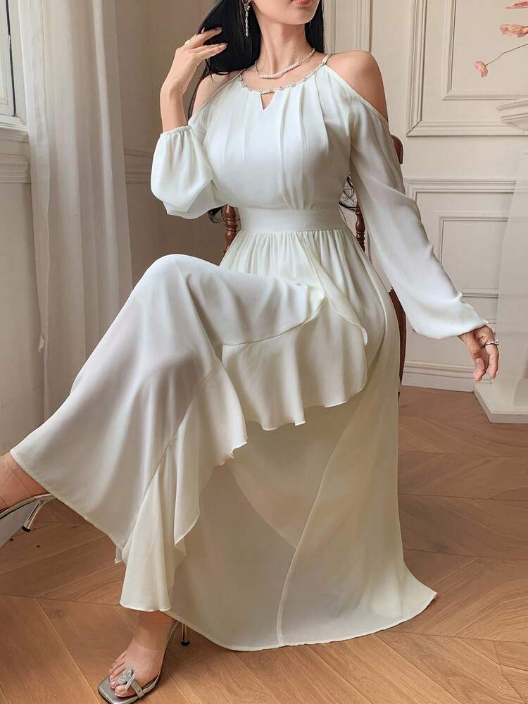 Women's Solid Color Round Neck Ruffle Open Shoulder Mid-Length Dress, Spring/Summer,Fall Women Clothes Long Sleeve Dress Sundress