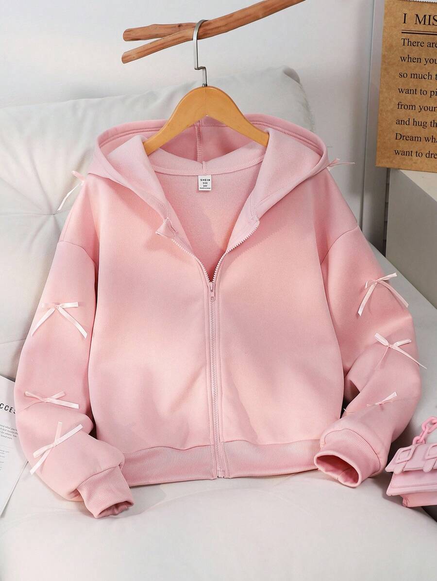 SHEIN Teenage Girls' Solid Color Fashionable Bow Sweatshirt Jacket, Comfortable Fleece Sweatshirt Fabric, Stylish Sleeve Design, Overall Youthful And Energetic Girl Style, Suitable For Back To School Season Or Everyday Outdoor Wear Fall Winter - Pink - View 1