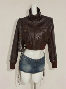 SHEIN ICON Áo khoác da PU dài tay thời trang đa năng, thường ngày, có khóa kéo, dành cho nữ, quần áo mùa thu cho nữ - màu nâu - Xem 13