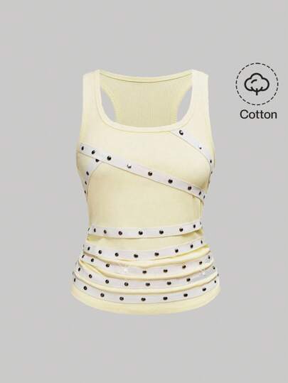 Grunge Punk Women Sleeveless Sexy V-Neck Backless Beaded Studded Ribbon Decorated Black Vest For Summer Beach, Graduation, Easter, Concert, Nashville Vacation, Music Festivals