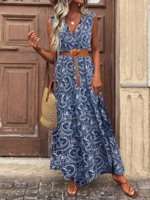 Breezaya V-Neck Sleeveless Paisley Print Boho Long Maxi Vacation Split Front Dress Women (No Belt) - Navy Blue - View 4