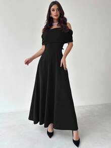 Firerie 女士优雅简约精致浪漫时尚性感连衣裙，露肩高腰 A 字形伞裙，适合度假、通勤、约会，灰色长裙 - 黑色 - 查看 4