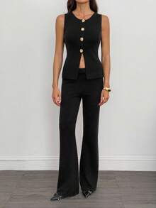 SHEIN Tall 2pcs Women Casual Commuter Sleeveless Top And Slim Flare Pants Knit Sweater Set Black Two Pieces Set In Fall/Winter, Tall Women - Black - View 3