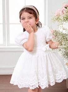SHEIN Baby Girl Elegant & Cute Summer White Floral Embroidered Mesh Dress - Multicolor - View 1