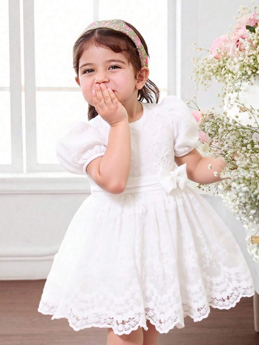 SHEIN Baby Girl Elegant & Cute Summer White Floral Embroidered Mesh Dress - Multicolor - View 1