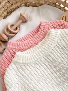 SHEIN 2pcs Newborn Baby Girl Cute Versatile Solid Color Long Sleeve Sweater, Autumn/Winter Fall