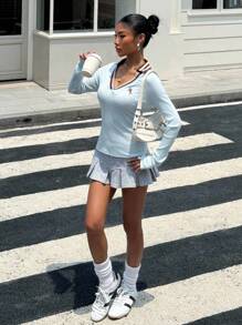 Muchica Áo thun tay dài cổ chữ V kẻ sọc phối màu đơn giản, Xuân/Thu - Màu xanh lam - Xem 6