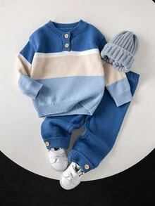 SHEIN 2件組男嬰保暖內裡針織毛衣冬季上衣與長褲套裝，藍白條紋，秋季，端莊，節日，拼接配色，柔軟舒適 - 藍色 - 查看 3
