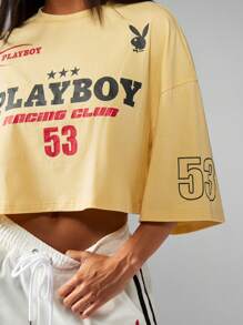 Missguided x Playboy Oversized Racing Club Crop Top Cotton Blend Motor Cross T-Shirt Classic Number 53 Custom Design Checkered Flag Racing Collection Loungewear Summer Festival