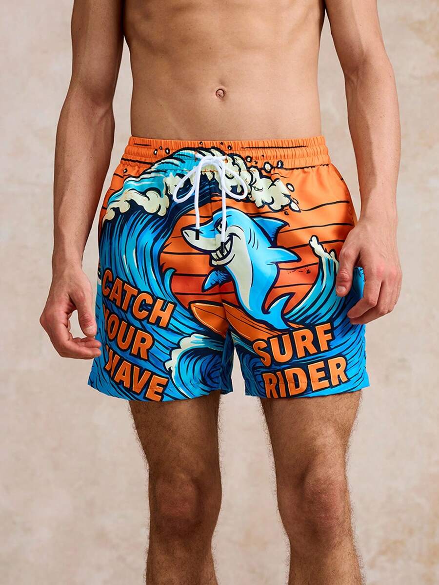 Surfspeed Men's Surfing Shark Print Beach Vacation Swimming Trunks, Summer Beach Shorts - Yellow - View 1