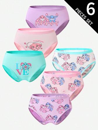 6 pièces Ensemble de sous-vêtements pour petites filles en coton mélangé avec passepoil contrastant et imprimés amusants. Culottes mode pour la rentrée scolaire