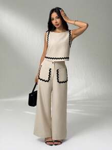 SHEIN PETITE Bộ trang phục mùa hè 2 món cho nữ, áo sơ mi viền tương phản và quần dài đơn giản rộng rãi đi làm - Màu be - Xem 7