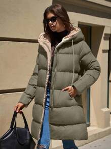 EURMUSE Two-Tone Hooded Pocket Zipper Stand Collar Mid-Length Winter Jacket - Army Green - View 3