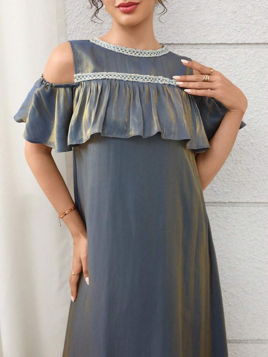 Yasmyna Women's Off-Shoulder Ruffle Trim Round Neck Fashion Summer Arabic Style Dress - Blue - View 1