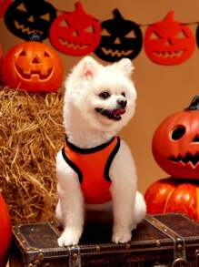 PETSIN 1 pieza Disfraz de perro para Halloween - Chaleco ligero y transpirable de color naranja con estampado gráfico de expresión de dibujos animados divertidos, perfecto para perros en fiestas de Halloween, eventos de truco o y sesiones fotográficas festivas - Multicolor - Ver 4