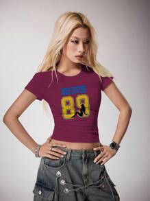 Maria Clara Maia Casual Sports Numeric Pattern Short Sleeve T-Shirt For Women Suitable For Going Out