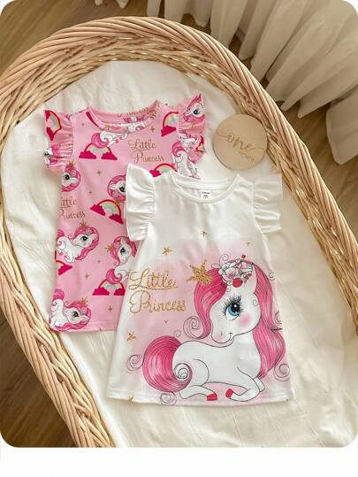 Baby Girls 2pcs/Set Minimalist Cartoon Unicorn Pattern Round Neck Cap Sleeve Loose Knit Nightgown Graphic