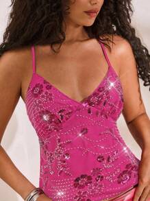 Opulessa 纯色串珠刺绣露背细肩带时尚女式背心 - 玫紅色 - 查看 3