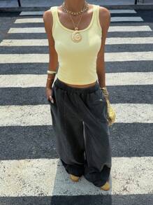 SHEIN EZwear 女士黑色针织阔腿运动裤 - 黑色 - 查看 3