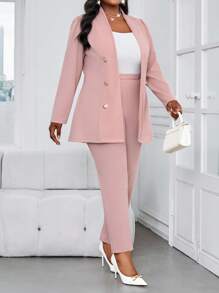 SHEIN Lady 秋冬优雅通勤办公粉色针织立领金色纽扣长袖加大码套装加大码仿皮草外套 - 藕粉色 - 查看 5