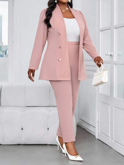 SHEIN Lady Ensemble coordonné grande taille d'été élégant et décontracté pour bureau et trajets, rose pâle, en maille, col montant, boutons, manches longues, avec manteau en fausse fourrure