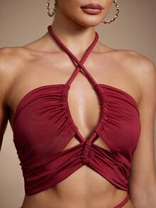 Hauture 女士夏季假期休闲褶饰露背上衣 - 紅色 - 查看 4