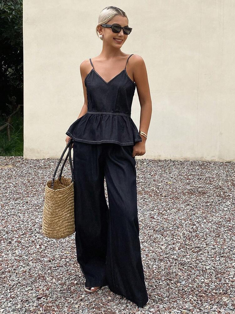 Autumn/Winter New Vintage Denim Waist Strap Jumpsuit For Women