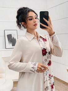 Al Najma 女士优雅浪漫拼布印花长袖阿拉伯风连衣裙 - 杏色 - 查看 6