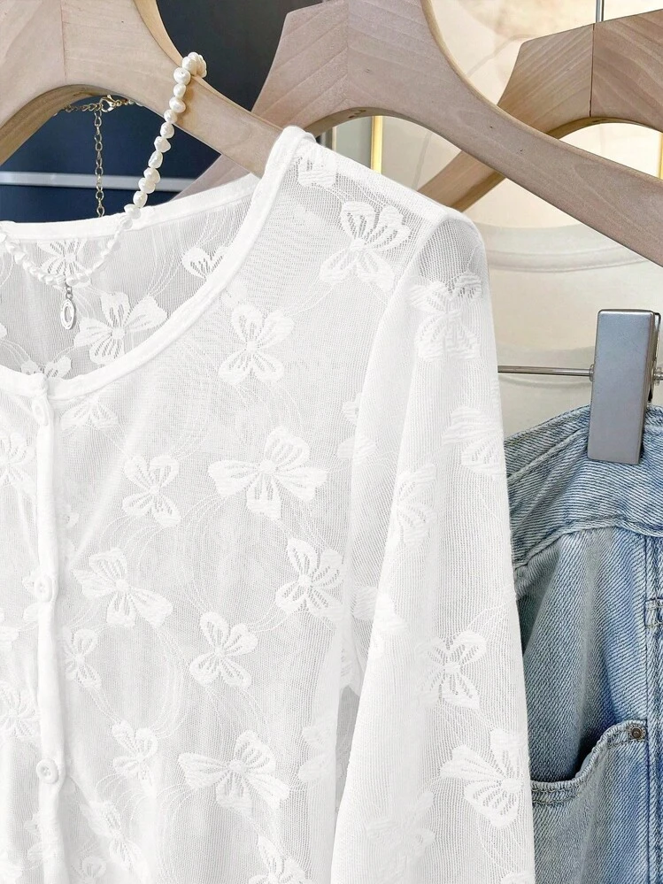 Jaqueta Leve Casual e Versátil com Jacquard de Borboleta para Mulheres - Branco - Visão 3