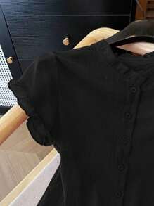 Women's Casual Solid Color Short Sleeve Shirt, Summer - Black - View 3