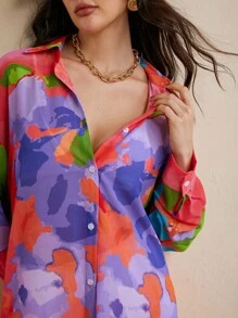 Eva Novielli Colorful Floral Printed Transparent Chiffon Long Oversized Shirt Women Summer Vacation Casual - Multicolor - View 6