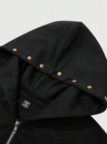 PAVTROS 男士街头时尚和嘻哈风格运动衫连帽衫，针织连帽运动衫运动衫，针织运动服，拉链和铆钉装饰，极简主义设计，独特风格，街头文化，年轻时尚，休闲舒适，简约别致，节日礼物，中性男士黑色拉链连帽衫黑色拉链连帽衫夹克拉链连帽衫带古铜色补丁男士街头风连帽衫宽松拉链连帽衫 - 黑色 - 查看 5