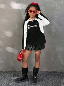 Coolane 女童圆领短袖T恤，带拼布设计，夏季超大码T恤