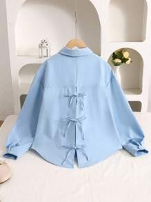 青少年女孩时尚休闲百搭度假和日常穿着浅蓝色后开衩蝴蝶结长袖衬衫，返校季，学院风，户外，学生装 - 淺藍色 - 查看 7