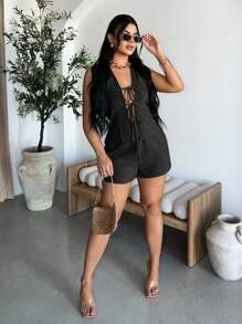 SHEIN SXY 女式性感系带露背吊带上衣和短裤两件套，夏季 - 黑色 - 查看 8