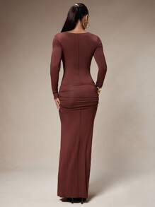 Silquee 女式纯色褶饰优雅长袖连衣裙