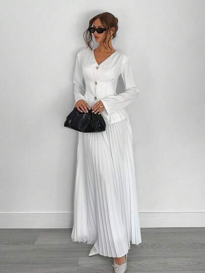 Siren Gaze Women's Solid Color Minimalist V-Neck Long Sleeve Top, Pleated Skirt, Suit Set For Daily Wear In Fall/Winter Elegant White White