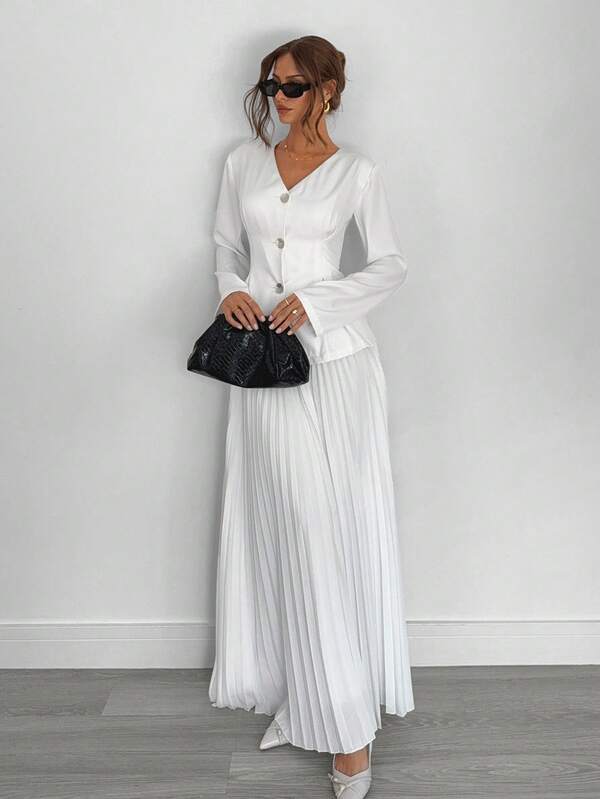 Siren Gaze Women's Solid Color Minimalist V-Neck Long Sleeve Top, Pleated Skirt, Suit Set For Daily Wear In Fall/Winter Elegant White White