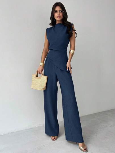 Firerie Khaki Minimalist Elegant Casual Commute Office Outfit: Sleeveless Asymmetric Ruched Waist Women's Blouse + Regular Ruched Wide Leg Women's Pants, Linen Commute Suit, Beach Outfits For Women, Airport Outfit, Vacation Outfits, Teacher Outfit