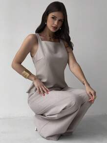 Firerie 春夏新款优雅简约杏色亚麻无袖收腰修身上衣和高腰长裤两件套，亚麻两件套，适合度假、通勤、海滩、机场等 - 杏色 - 查看 5