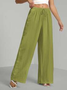 SHEIN Tall Loose Cotton Drawstring Waist Trousers In Textured Crinkle Fabric - Army Green - View 7